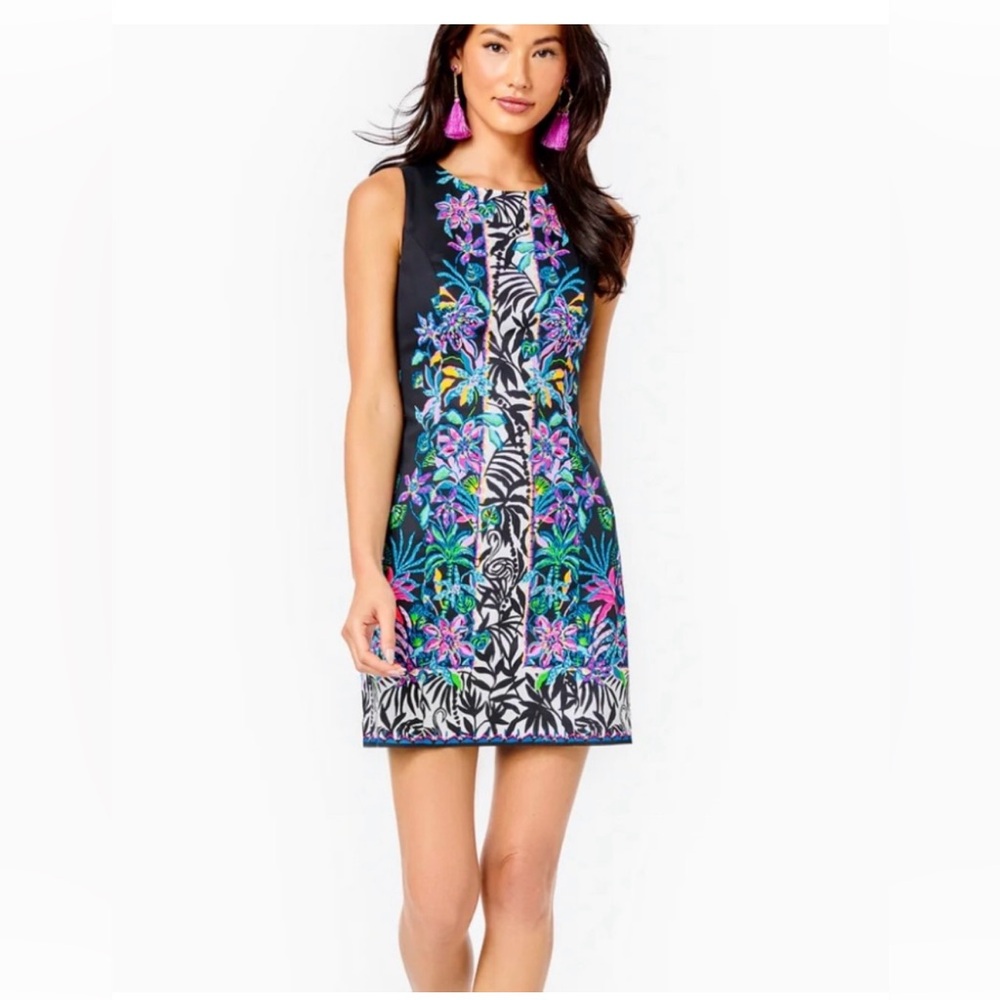 Lilly Pulitzer Cotton Mila Shift Onyx Paradise Glow Floral On Black Dress Sz 00